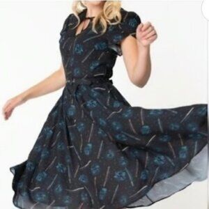 Unique Vintage Harry Potter Dress 5X Black Wands Patronus Print Fit Flare